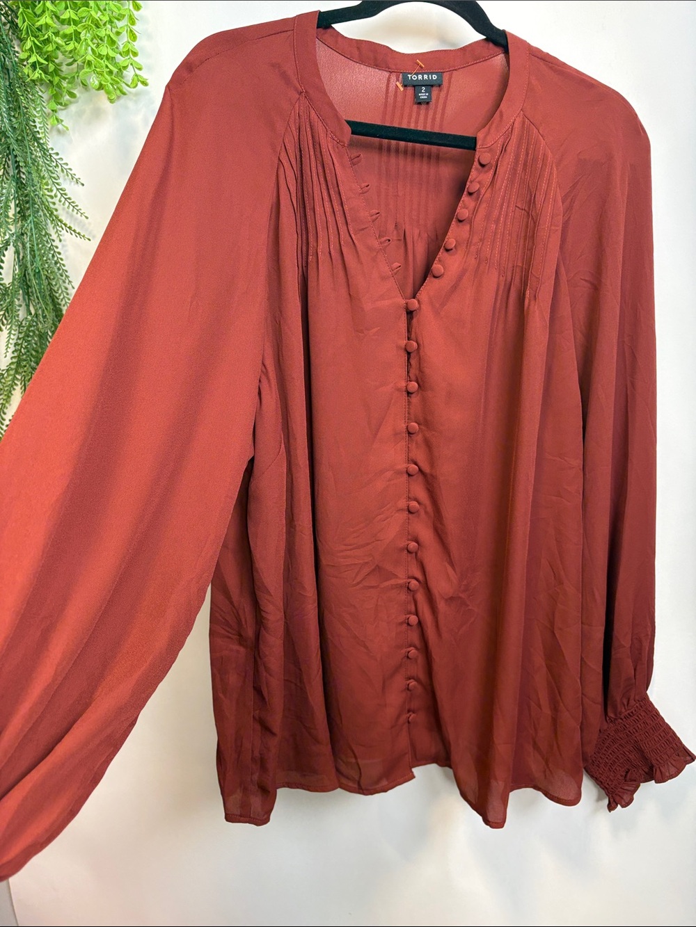 torrid rust button-front peasant top with pintuck detail